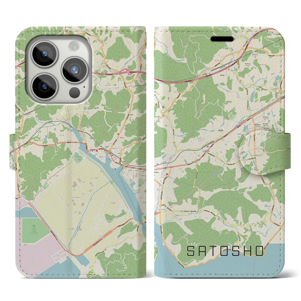 【里庄(岡山県)】地図柄iPhoneケース(手帳タイプ)ナチュラル・iPhone 15 Pro 用