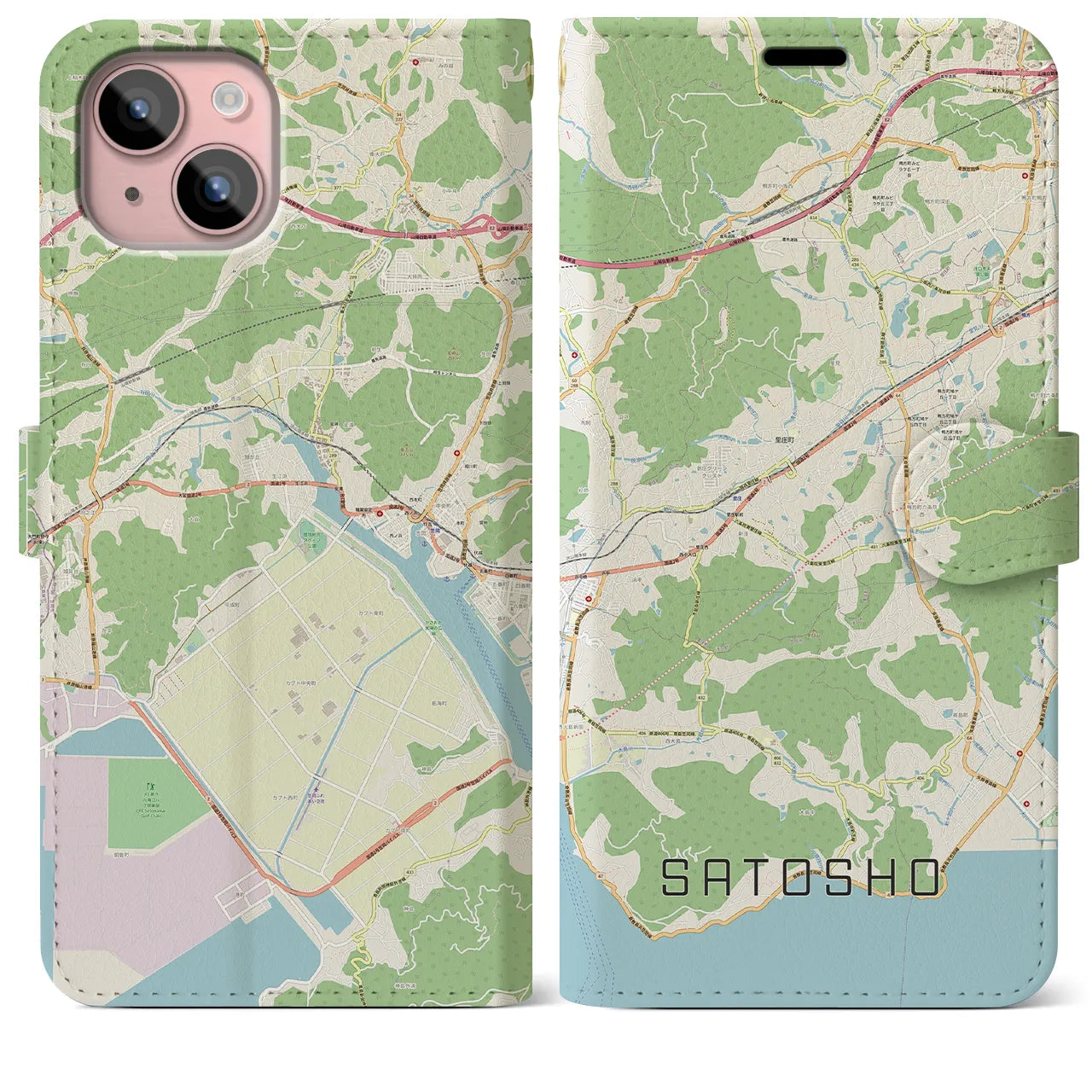 【里庄(岡山県)】地図柄iPhoneケース(手帳タイプ)ナチュラル・iPhone 15 Plus 用