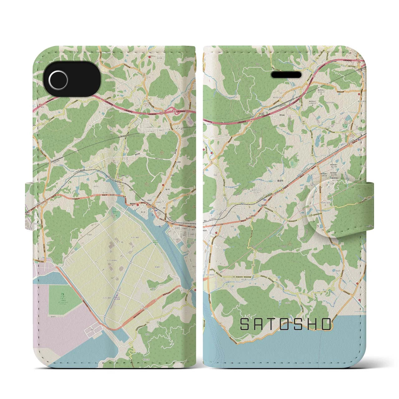 【里庄(岡山県)】地図柄iPhoneケース(手帳タイプ)ナチュラル・iPhone SE(第3 / 第2世代) / 8 / 7 / 6s / 6 用