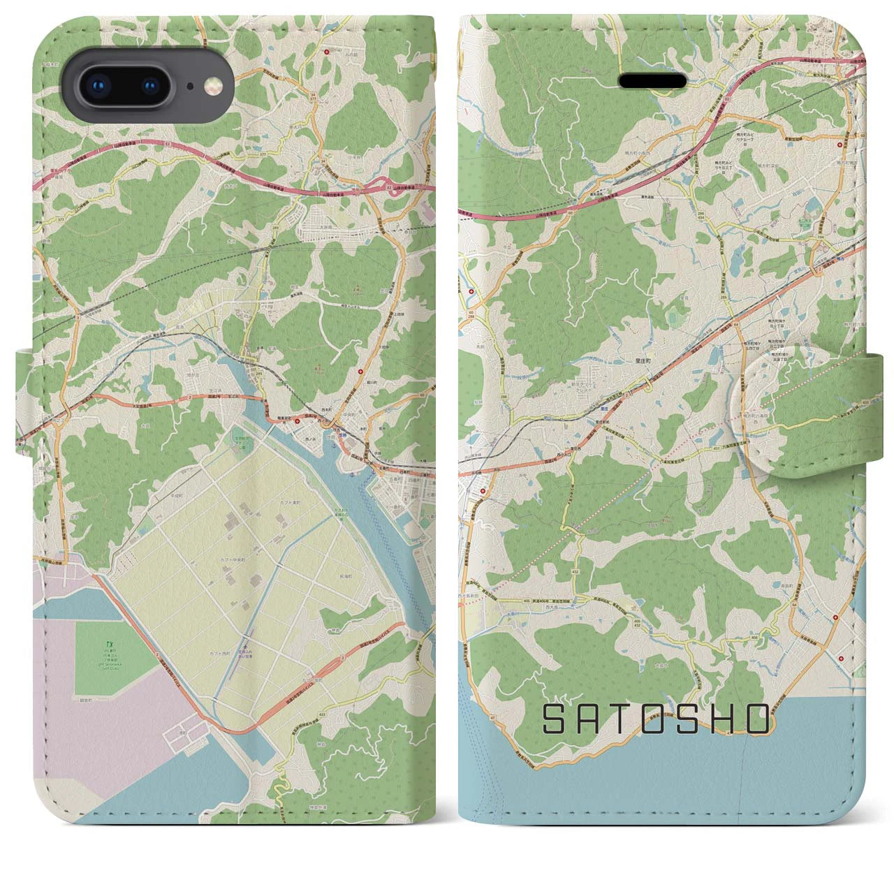 【里庄(岡山県)】地図柄iPhoneケース(手帳タイプ)ナチュラル・iPhone 8Plus /7Plus / 6sPlus / 6Plus 用