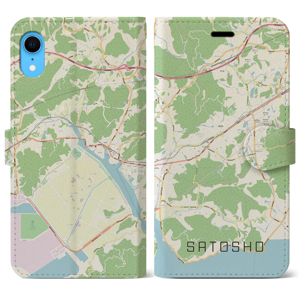 【里庄(岡山県)】地図柄iPhoneケース(手帳タイプ)ナチュラル・iPhone XR 用