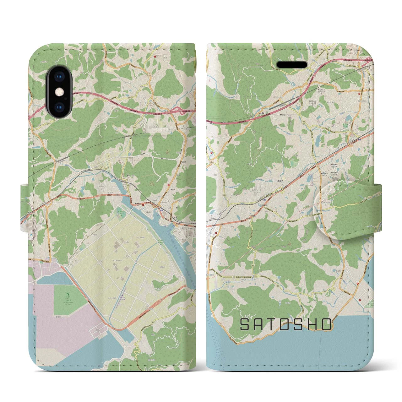 【里庄(岡山県)】地図柄iPhoneケース(手帳タイプ)ナチュラル・iPhone XS / X 用