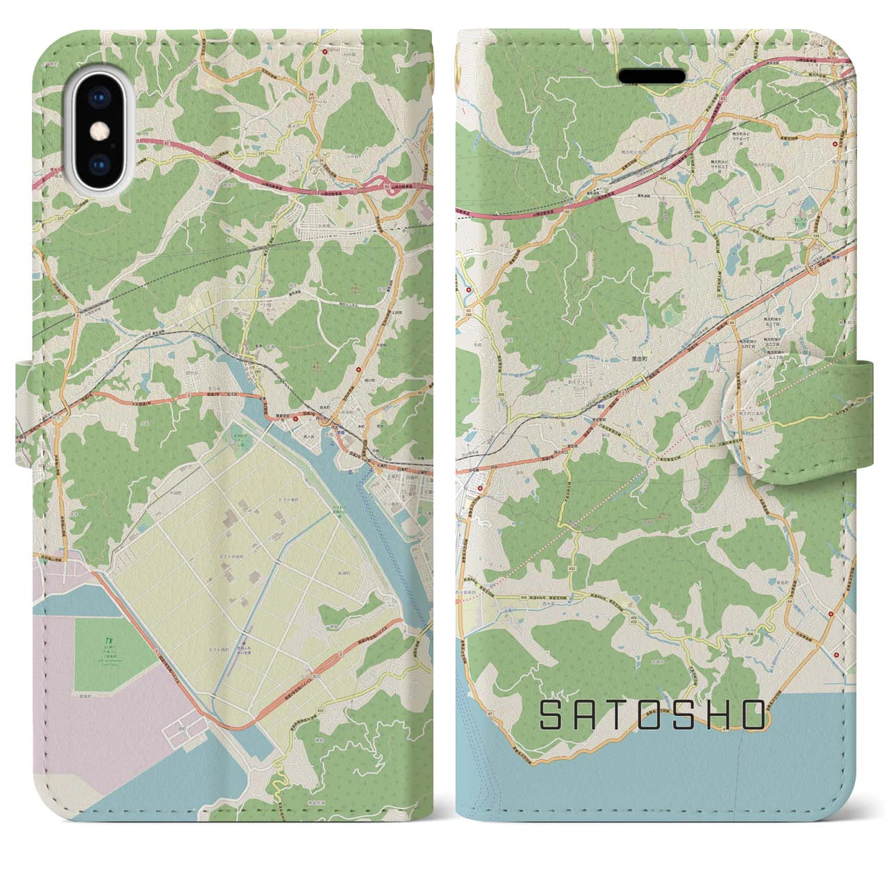 【里庄(岡山県)】地図柄iPhoneケース(手帳タイプ)ナチュラル・iPhone XS Max 用