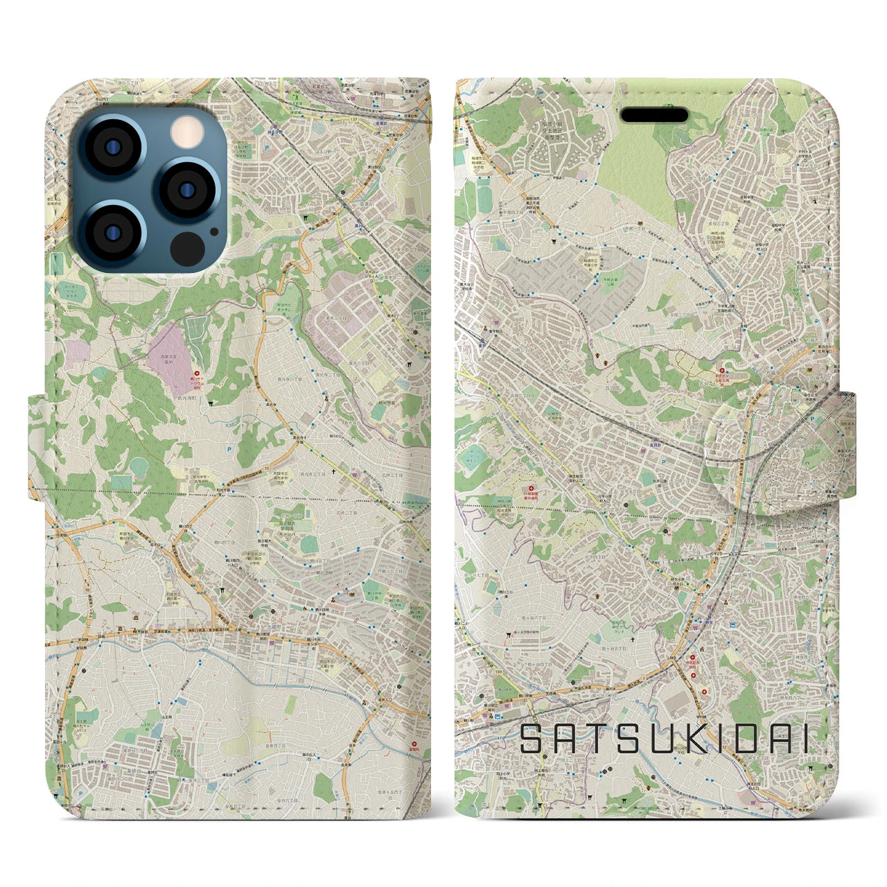 【五月台(神奈川県)】地図柄iPhoneケース(手帳タイプ)ナチュラル・iPhone 12 / 12 Pro 用