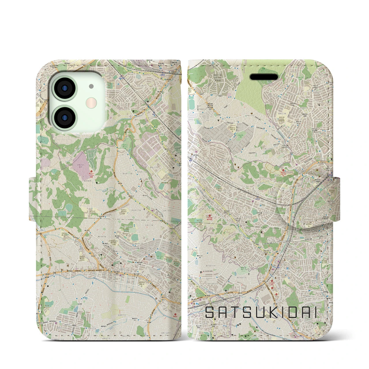 【五月台(神奈川県)】地図柄iPhoneケース(手帳タイプ)ナチュラル・iPhone 12 mini 用