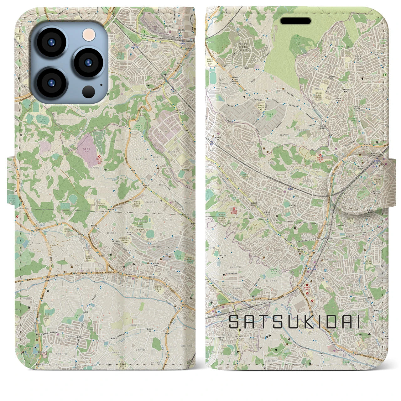 【五月台(神奈川県)】地図柄iPhoneケース(手帳タイプ)ナチュラル・iPhone 13 Pro Max 用