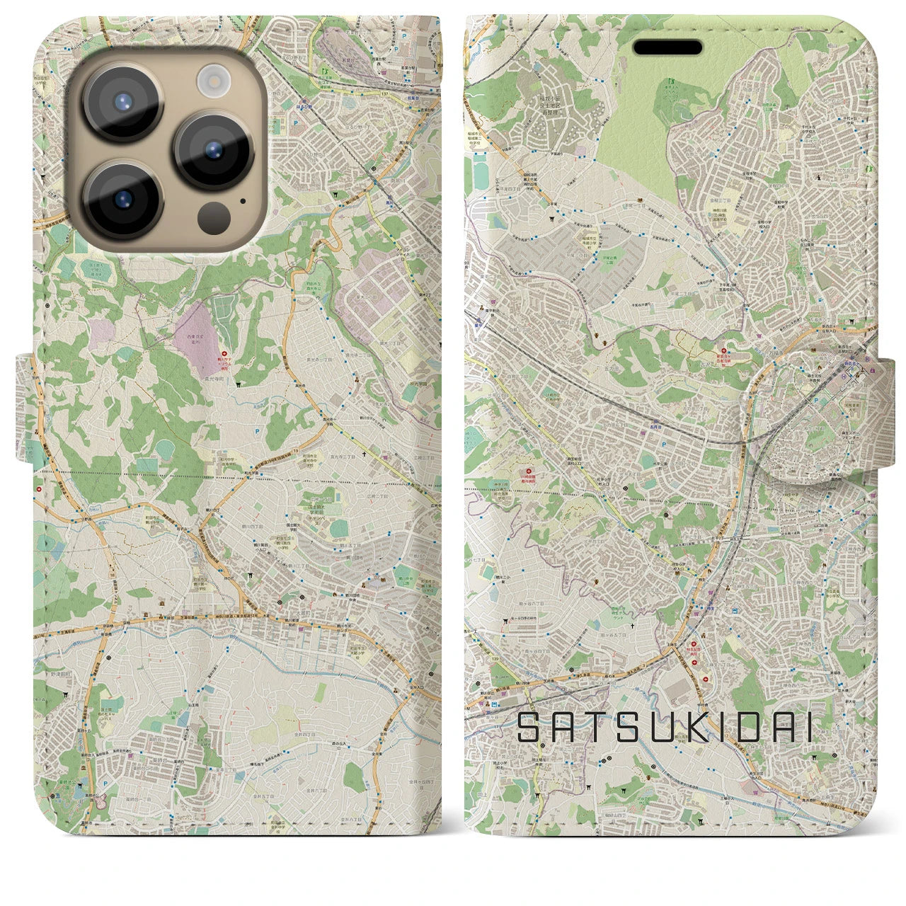 【五月台(神奈川県)】地図柄iPhoneケース(手帳タイプ)ナチュラル・iPhone 14 Pro Max 用