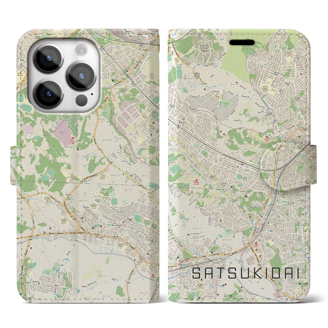 【五月台(神奈川県)】地図柄iPhoneケース(手帳タイプ)ナチュラル・iPhone 14 Pro 用
