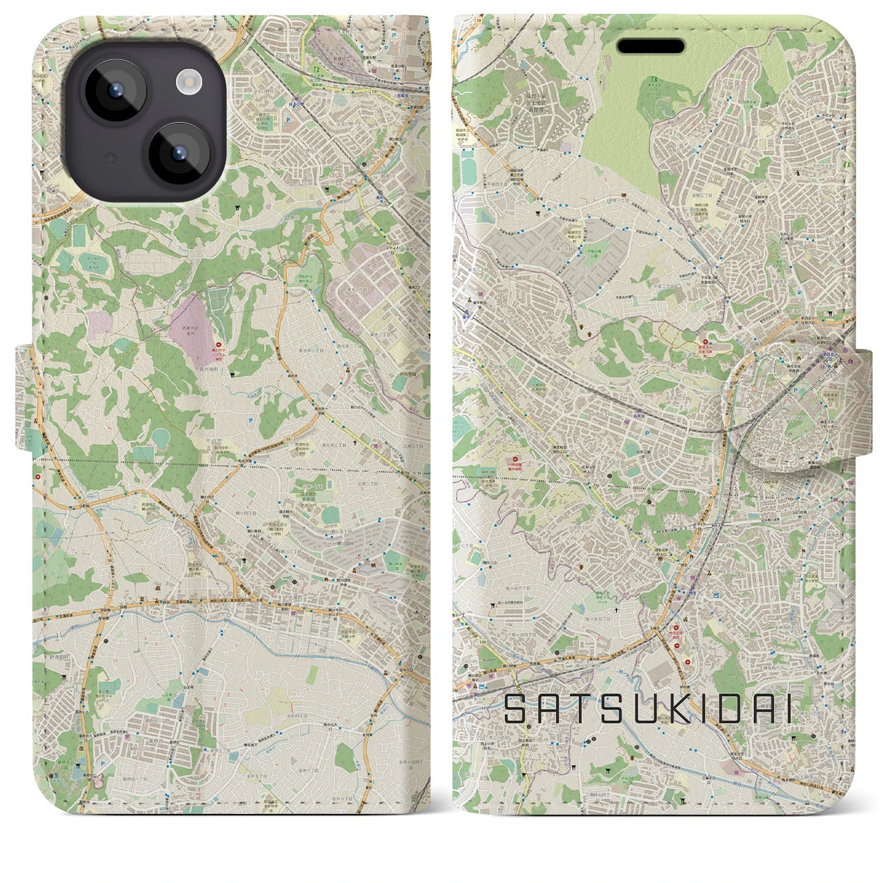【五月台(神奈川県)】地図柄iPhoneケース(手帳タイプ)ナチュラル・iPhone 14 Plus 用