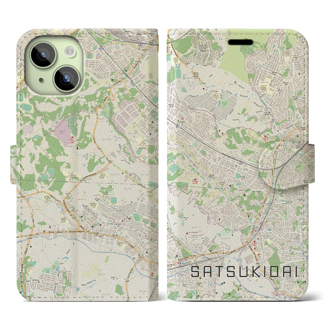 【五月台(神奈川県)】地図柄iPhoneケース(手帳タイプ)ナチュラル・iPhone 15 用