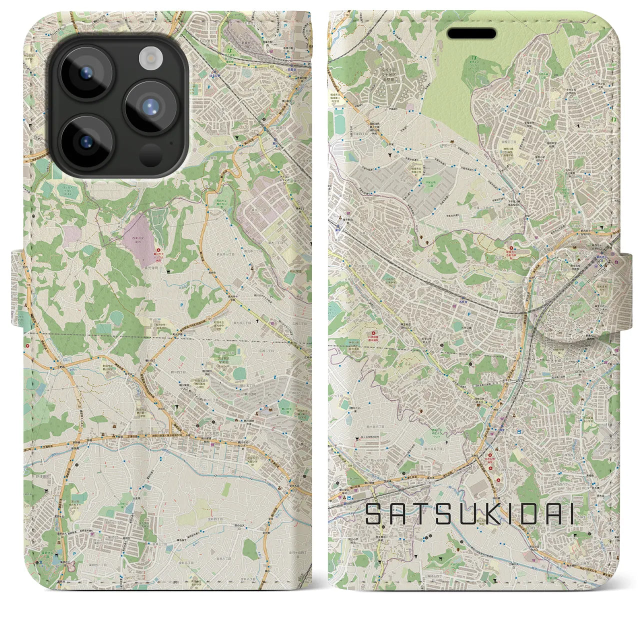 【五月台(神奈川県)】地図柄iPhoneケース(手帳タイプ)ナチュラル・iPhone 15 Pro Max 用