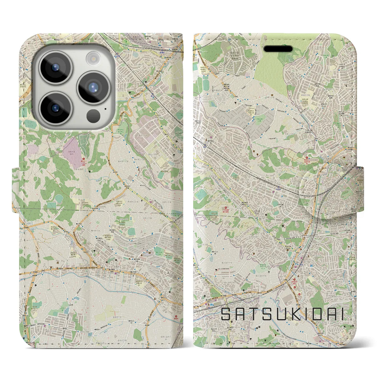 【五月台(神奈川県)】地図柄iPhoneケース(手帳タイプ)ナチュラル・iPhone 15 Pro 用