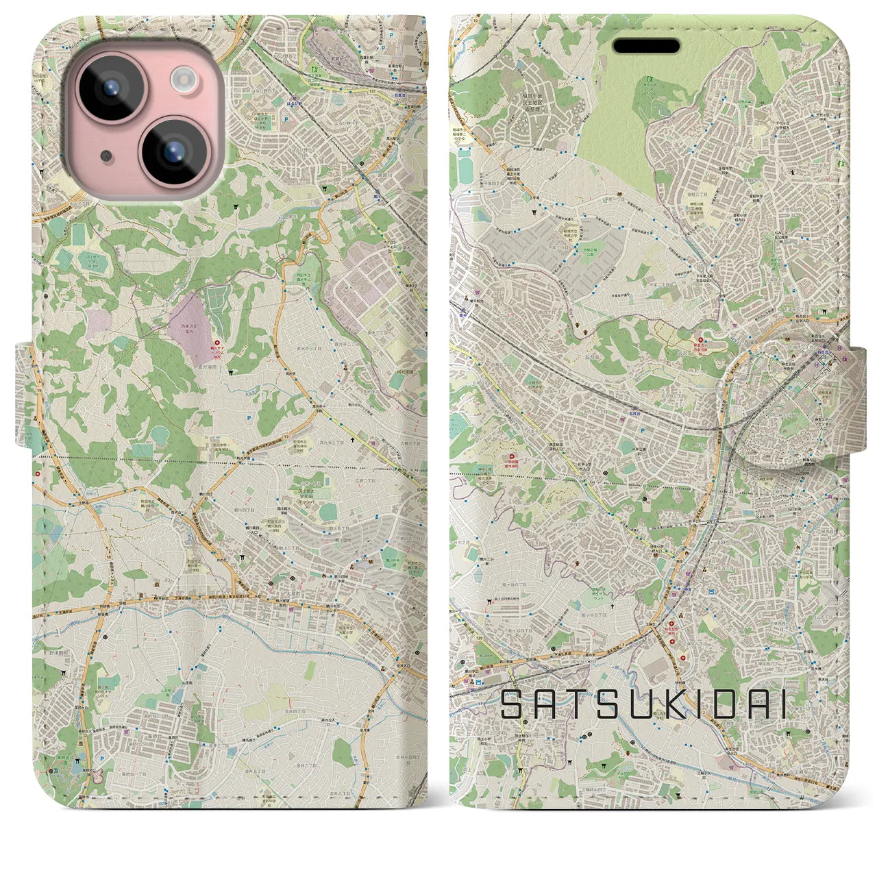 【五月台(神奈川県)】地図柄iPhoneケース(手帳タイプ)ナチュラル・iPhone 15 Plus 用