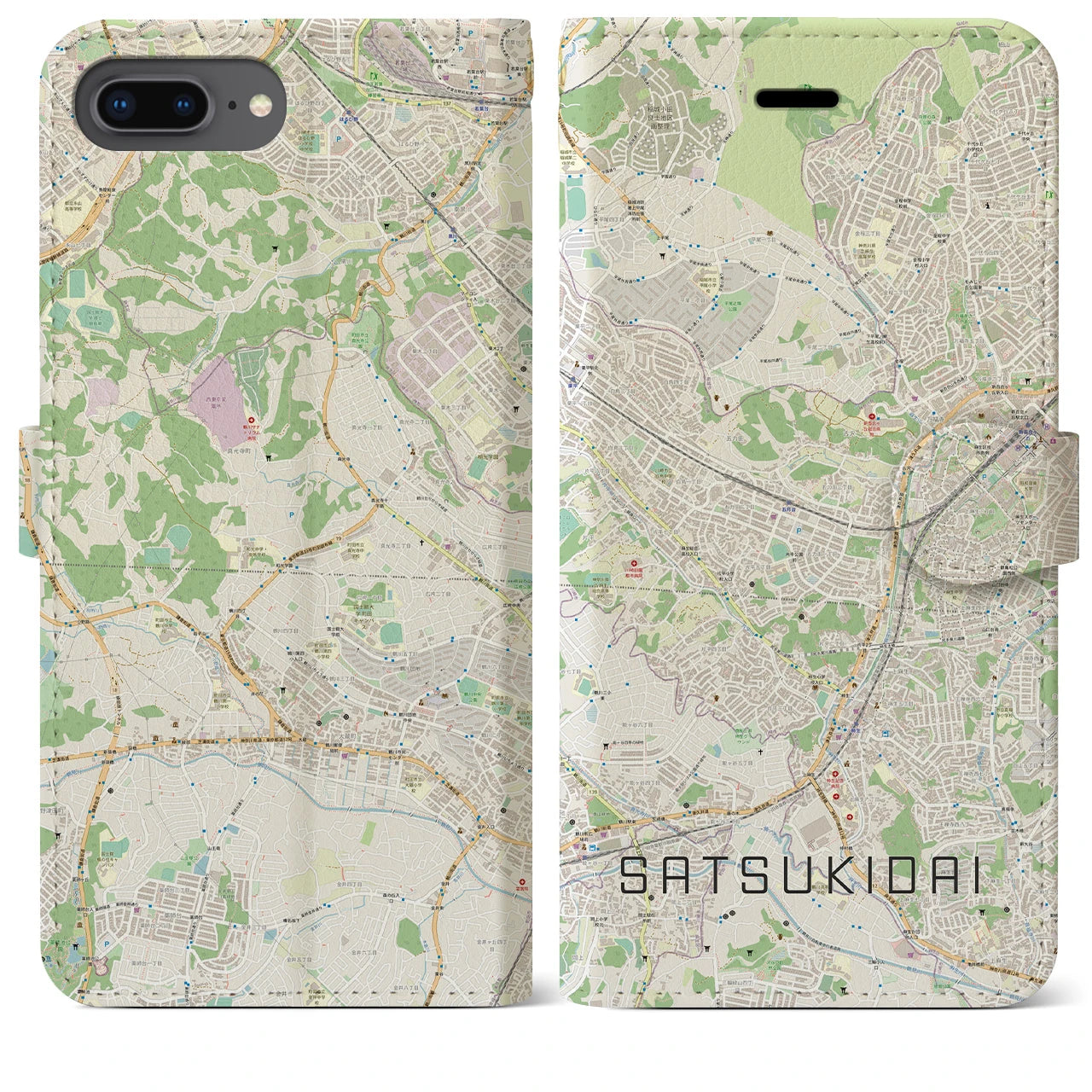 【五月台(神奈川県)】地図柄iPhoneケース(手帳タイプ)ナチュラル・iPhone 8Plus /7Plus / 6sPlus / 6Plus 用