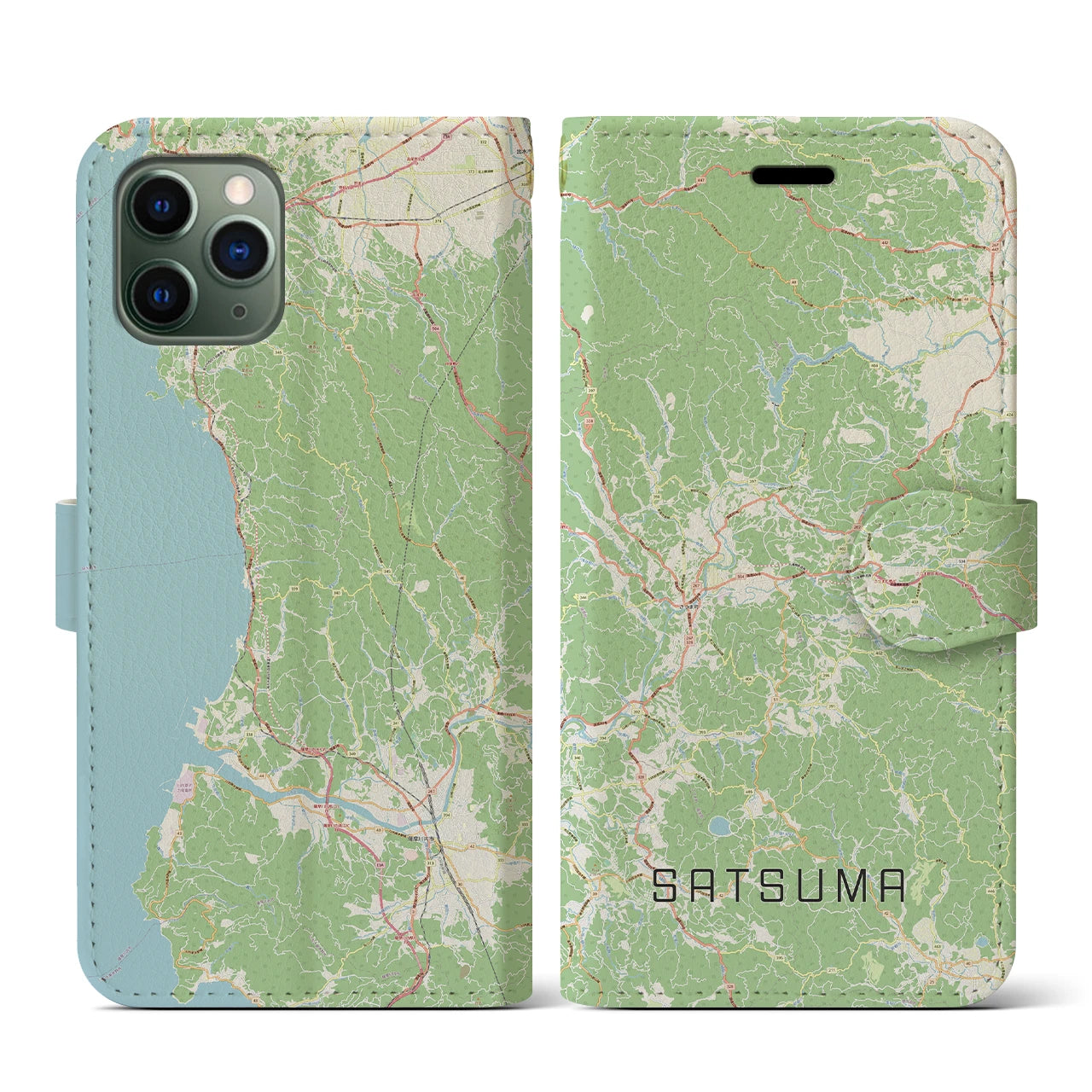 【さつま(鹿児島県)】地図柄iPhoneケース(手帳タイプ)ナチュラル・iPhone 11 Pro 用