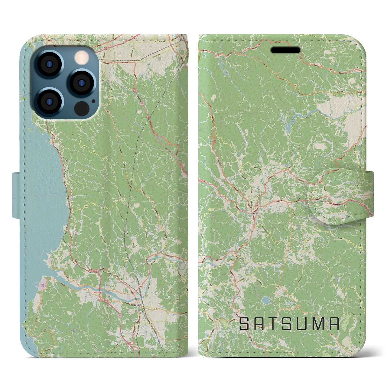 【さつま(鹿児島県)】地図柄iPhoneケース(手帳タイプ)ナチュラル・iPhone 12 / 12 Pro 用