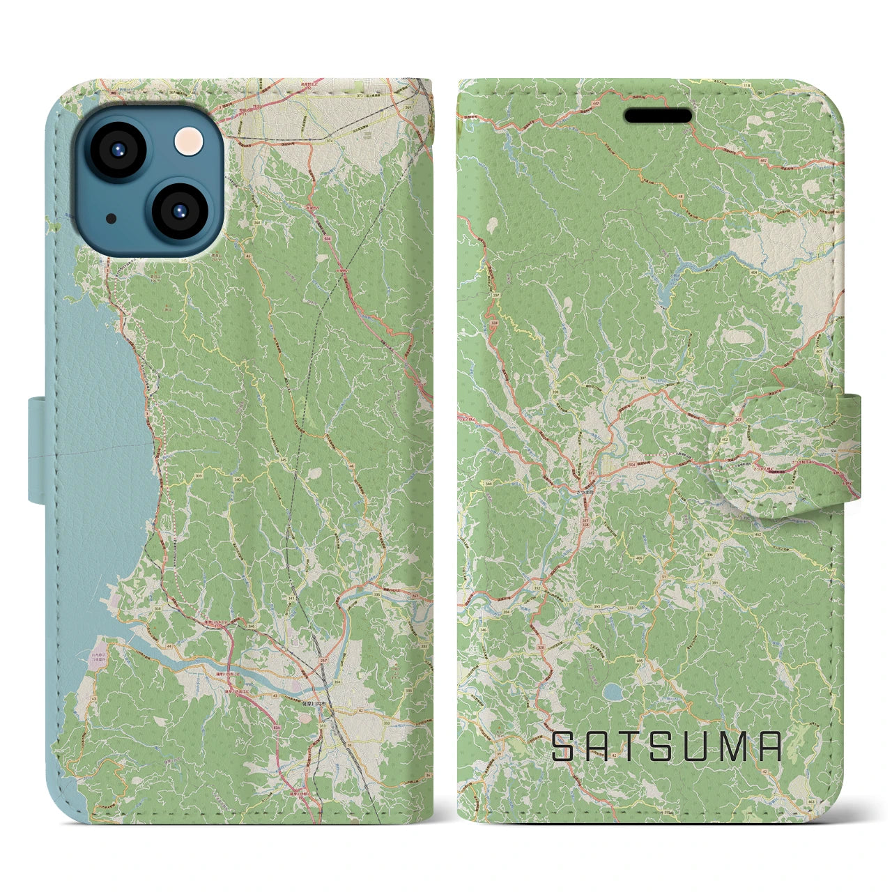 【さつま(鹿児島県)】地図柄iPhoneケース(手帳タイプ)ナチュラル・iPhone 13 用