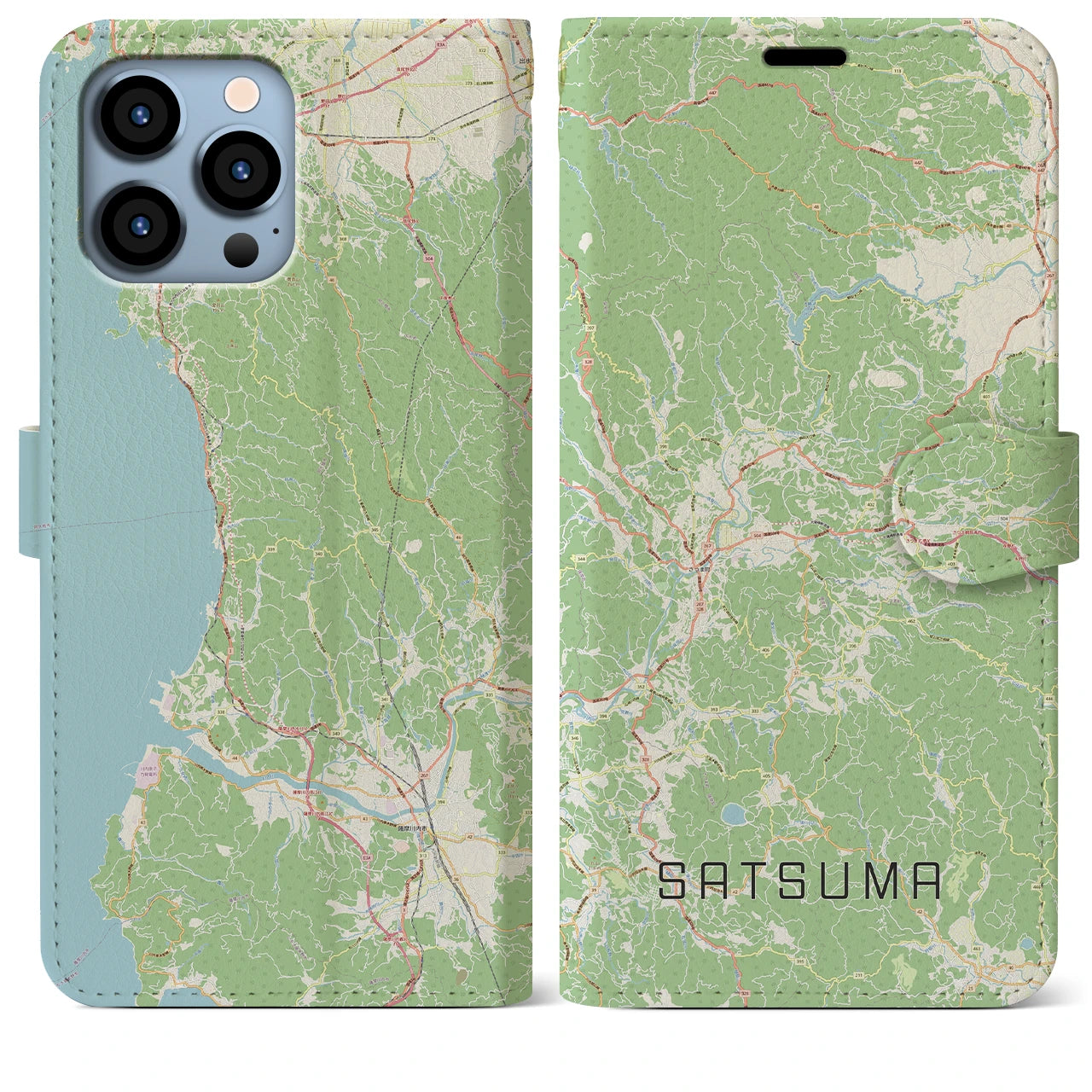 【さつま(鹿児島県)】地図柄iPhoneケース(手帳タイプ)ナチュラル・iPhone 13 Pro Max 用
