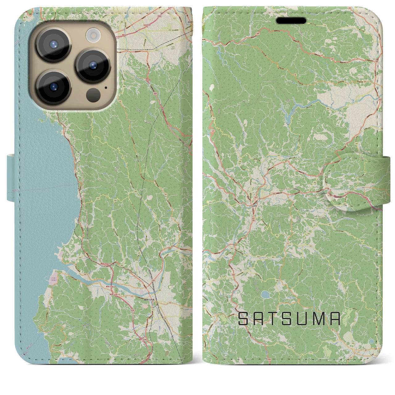 【さつま(鹿児島県)】地図柄iPhoneケース(手帳タイプ)ナチュラル・iPhone 14 Pro Max 用