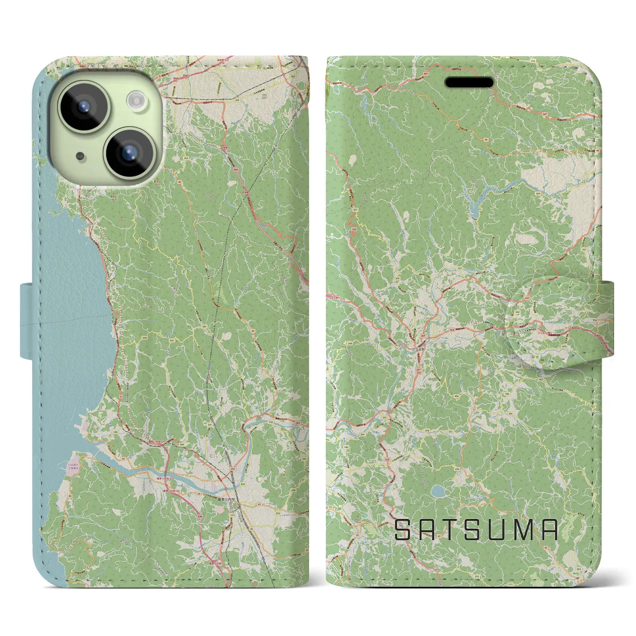 【さつま(鹿児島県)】地図柄iPhoneケース(手帳タイプ)ナチュラル・iPhone 15 用
