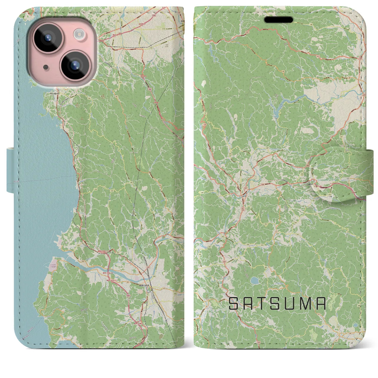 【さつま(鹿児島県)】地図柄iPhoneケース(手帳タイプ)ナチュラル・iPhone 15 Plus 用
