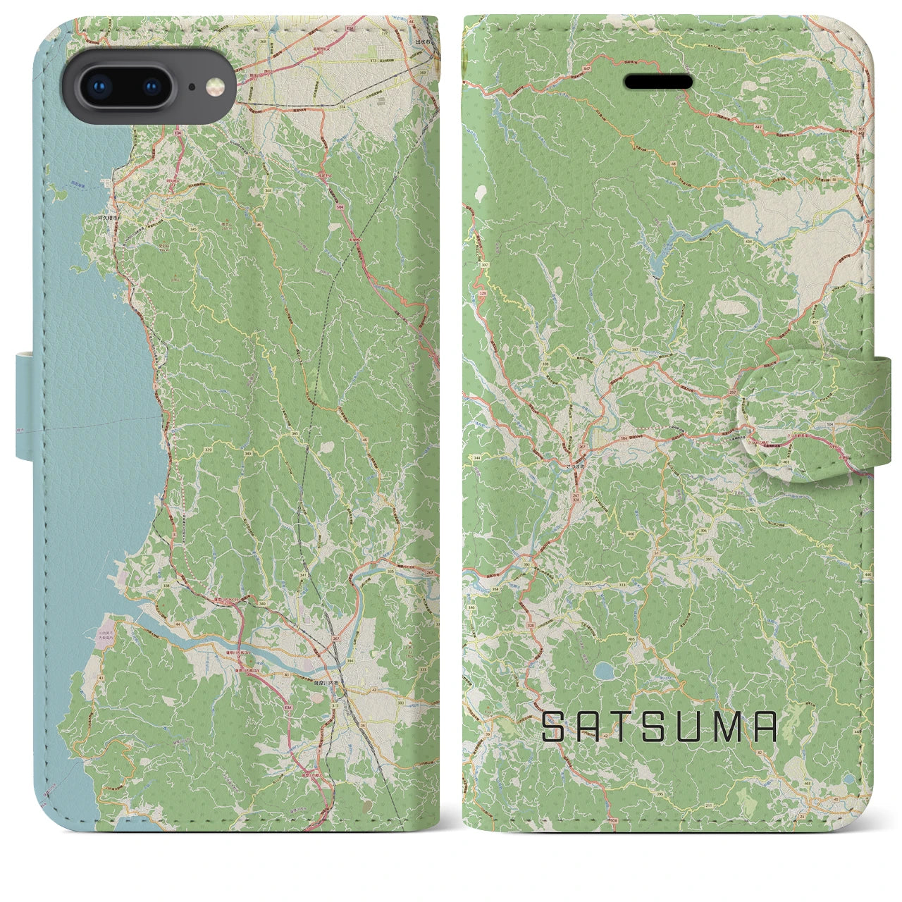 【さつま(鹿児島県)】地図柄iPhoneケース(手帳タイプ)ナチュラル・iPhone 8Plus /7Plus / 6sPlus / 6Plus 用