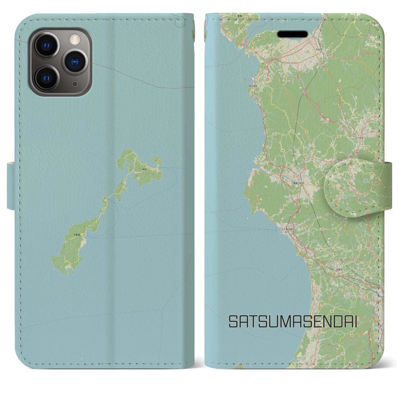 【薩摩川内(鹿児島県)】地図柄iPhoneケース(手帳タイプ)ナチュラル・iPhone 11 Pro Max 用