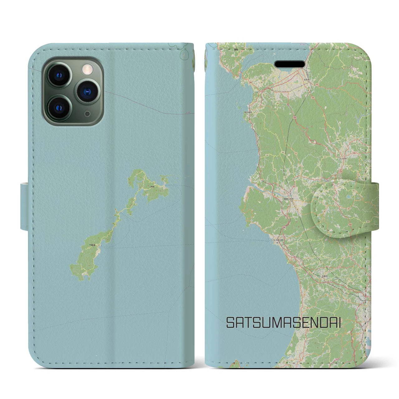 【薩摩川内(鹿児島県)】地図柄iPhoneケース(手帳タイプ)ナチュラル・iPhone 11 Pro 用