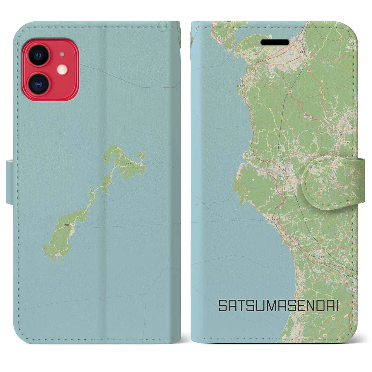 【薩摩川内(鹿児島県)】地図柄iPhoneケース(手帳タイプ)ナチュラル・iPhone 11 用