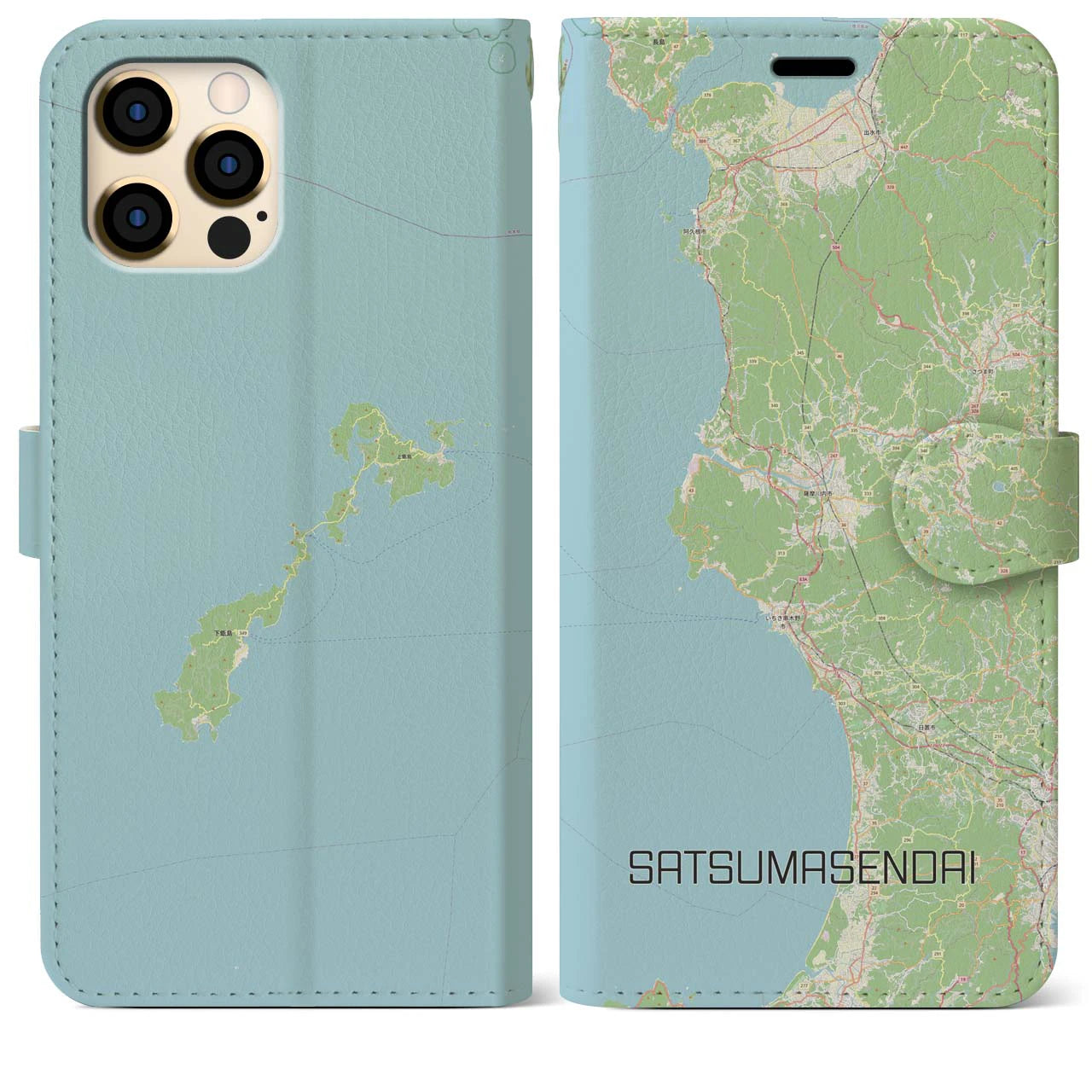 【薩摩川内(鹿児島県)】地図柄iPhoneケース(手帳タイプ)ナチュラル・iPhone 12 Pro Max 用