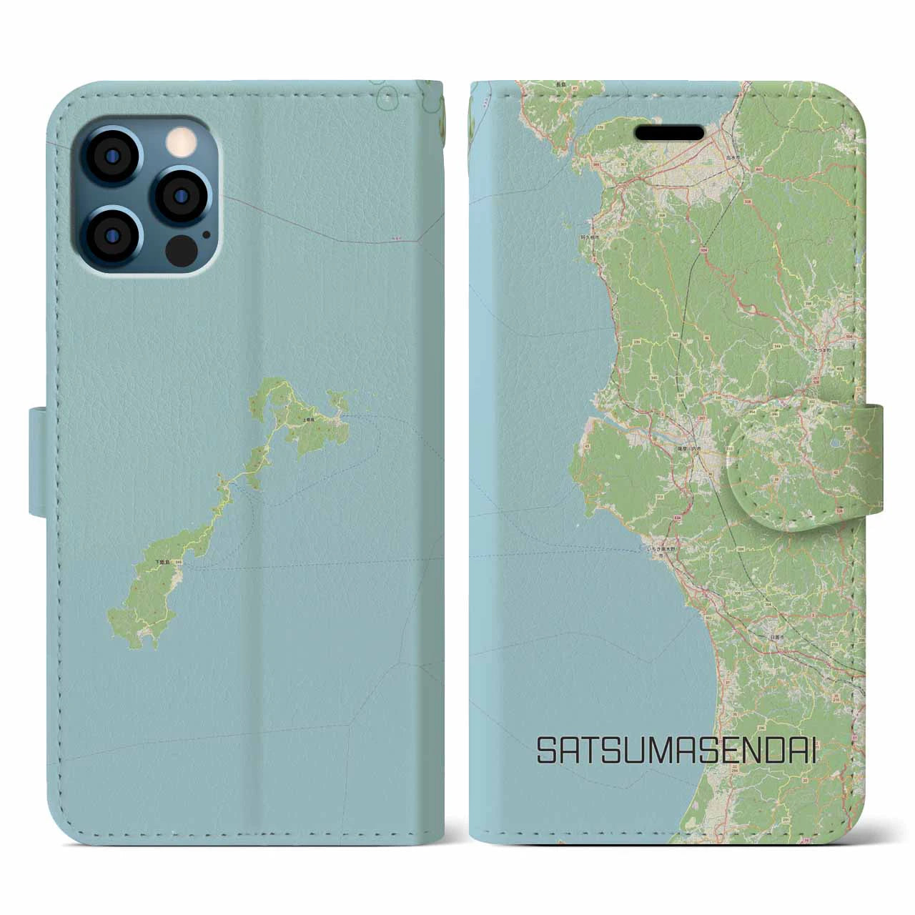 【薩摩川内(鹿児島県)】地図柄iPhoneケース(手帳タイプ)ナチュラル・iPhone 12 / 12 Pro 用