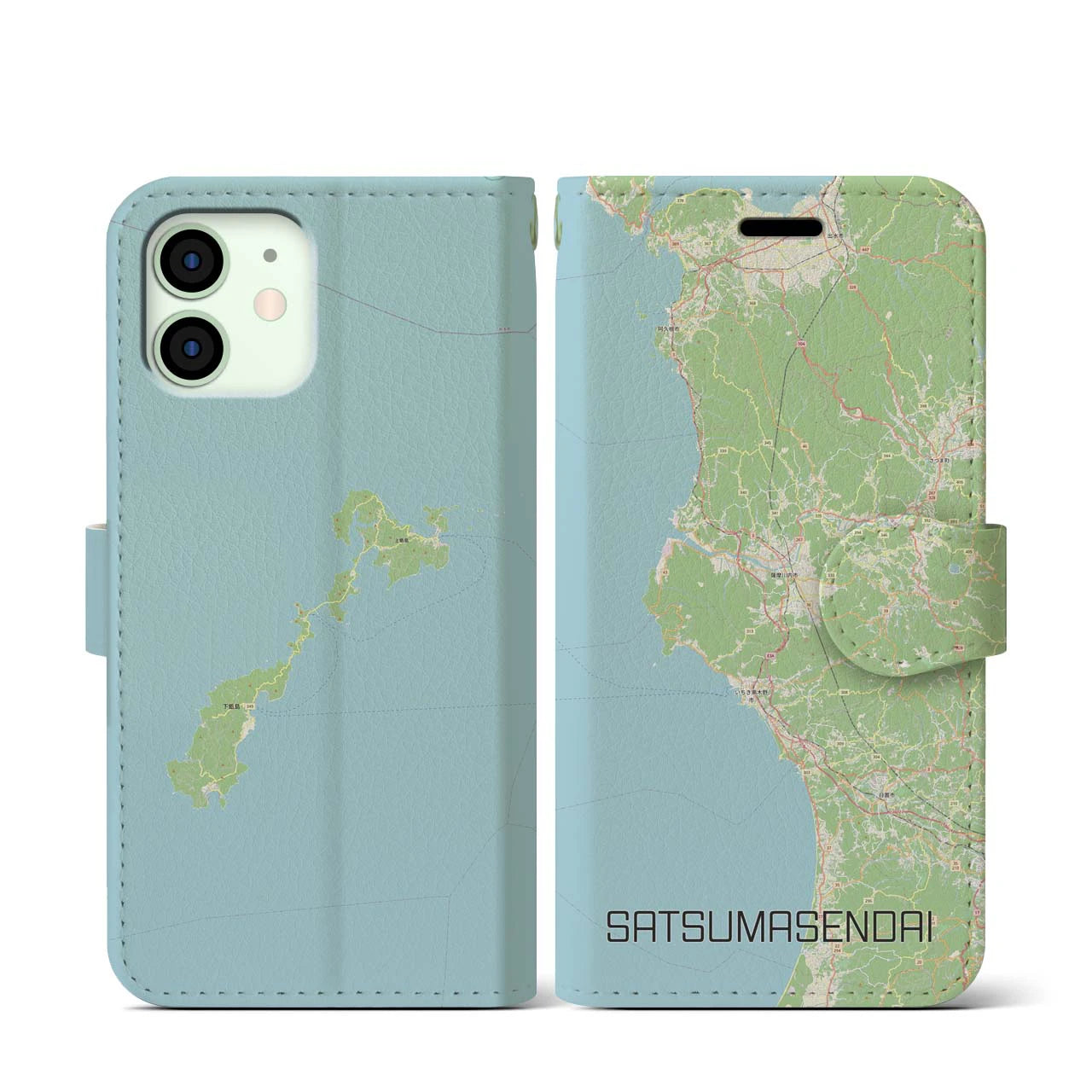 【薩摩川内(鹿児島県)】地図柄iPhoneケース(手帳タイプ)ナチュラル・iPhone 12 mini 用