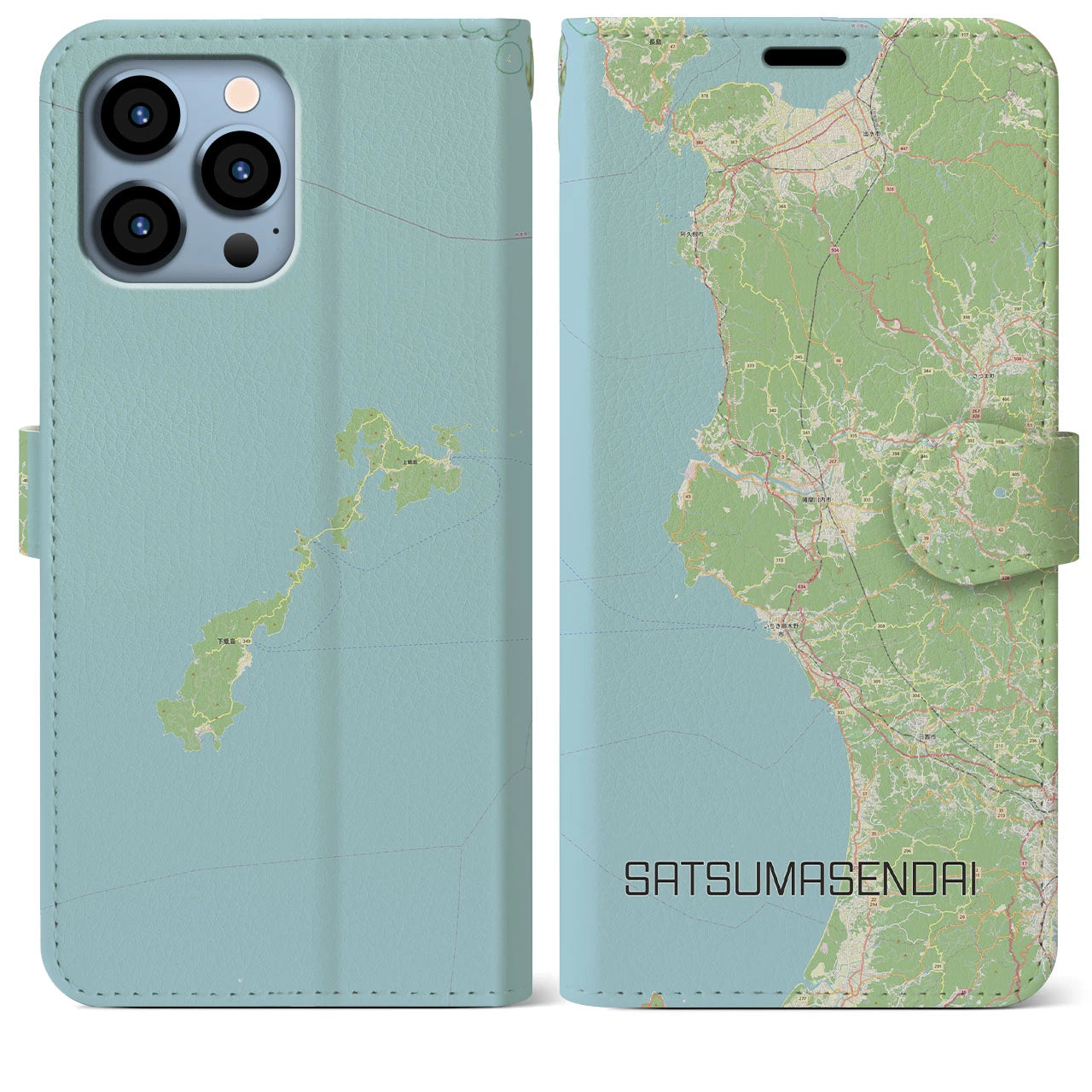 【薩摩川内(鹿児島県)】地図柄iPhoneケース(手帳タイプ)ナチュラル・iPhone 13 Pro Max 用