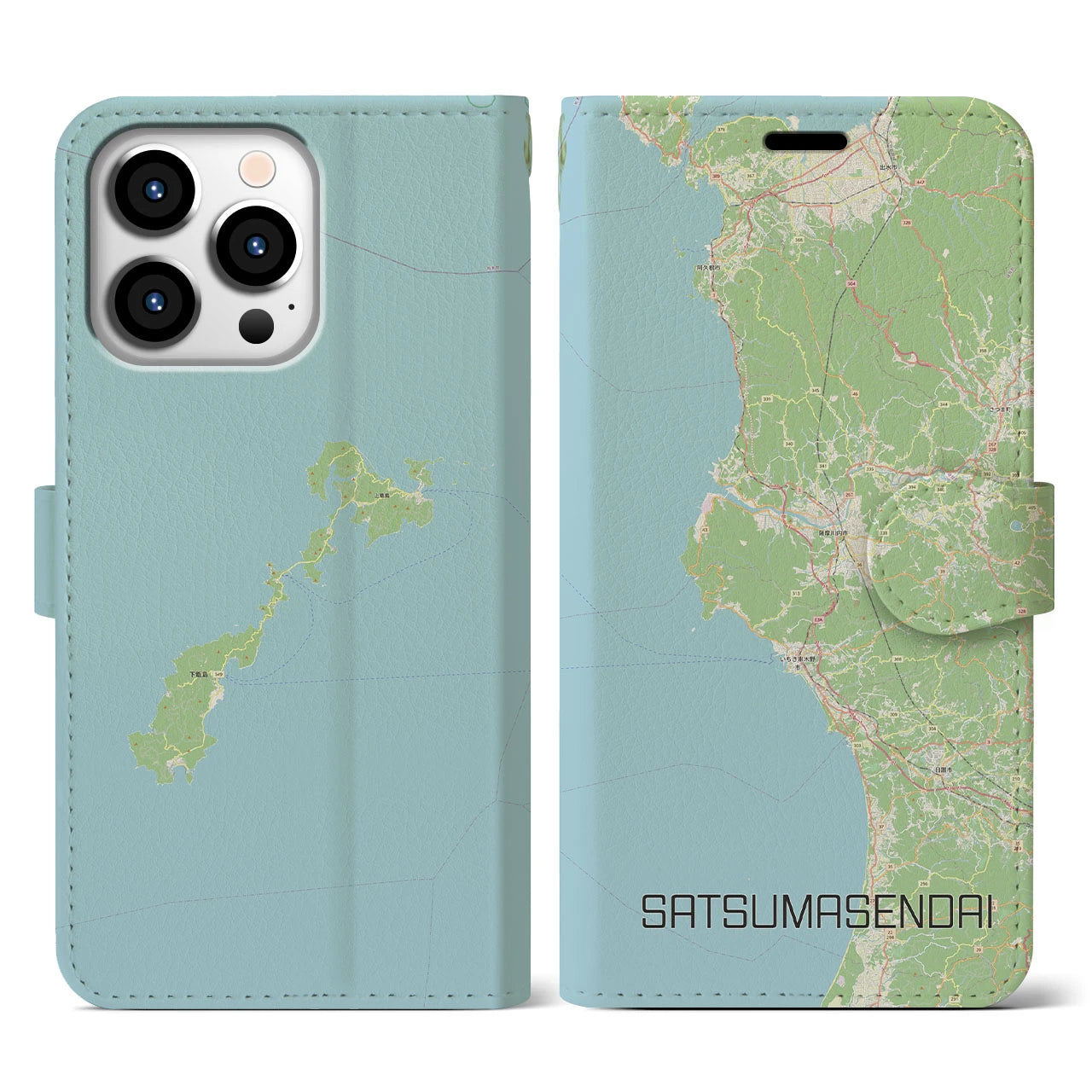 【薩摩川内(鹿児島県)】地図柄iPhoneケース(手帳タイプ)ナチュラル・iPhone 13 Pro 用