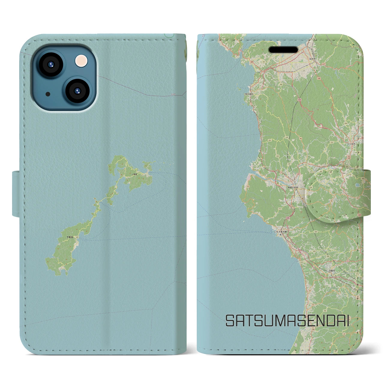 【薩摩川内(鹿児島県)】地図柄iPhoneケース(手帳タイプ)ナチュラル・iPhone 13 用