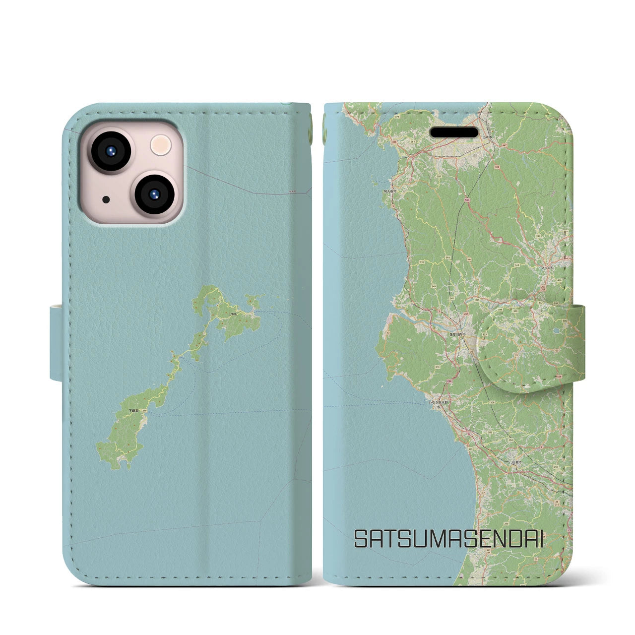 【薩摩川内(鹿児島県)】地図柄iPhoneケース(手帳タイプ)ナチュラル・iPhone 13 mini 用