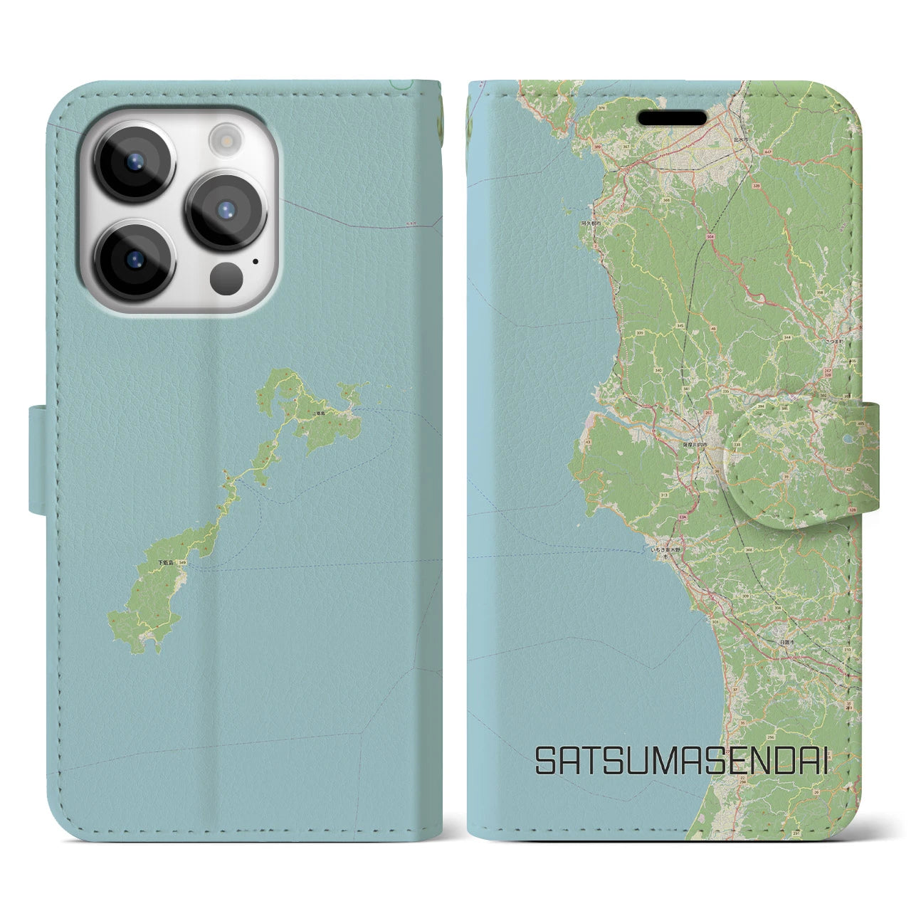 【薩摩川内(鹿児島県)】地図柄iPhoneケース(手帳タイプ)ナチュラル・iPhone 14 Pro 用