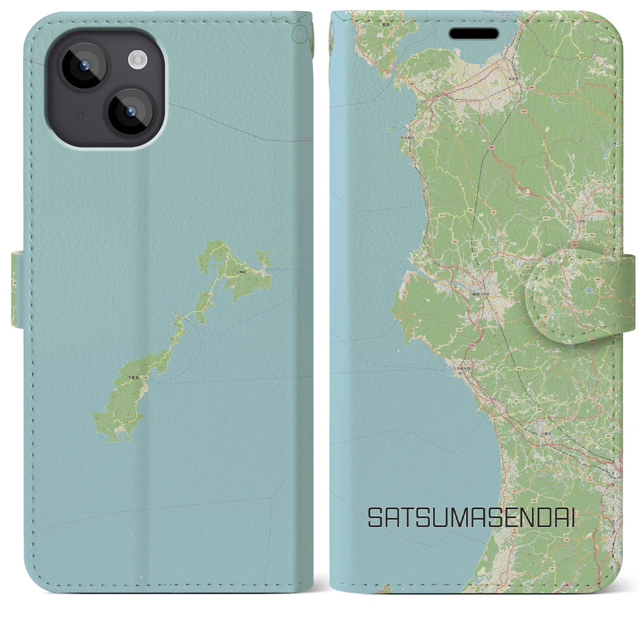【薩摩川内(鹿児島県)】地図柄iPhoneケース(手帳タイプ)ナチュラル・iPhone 14 Plus 用