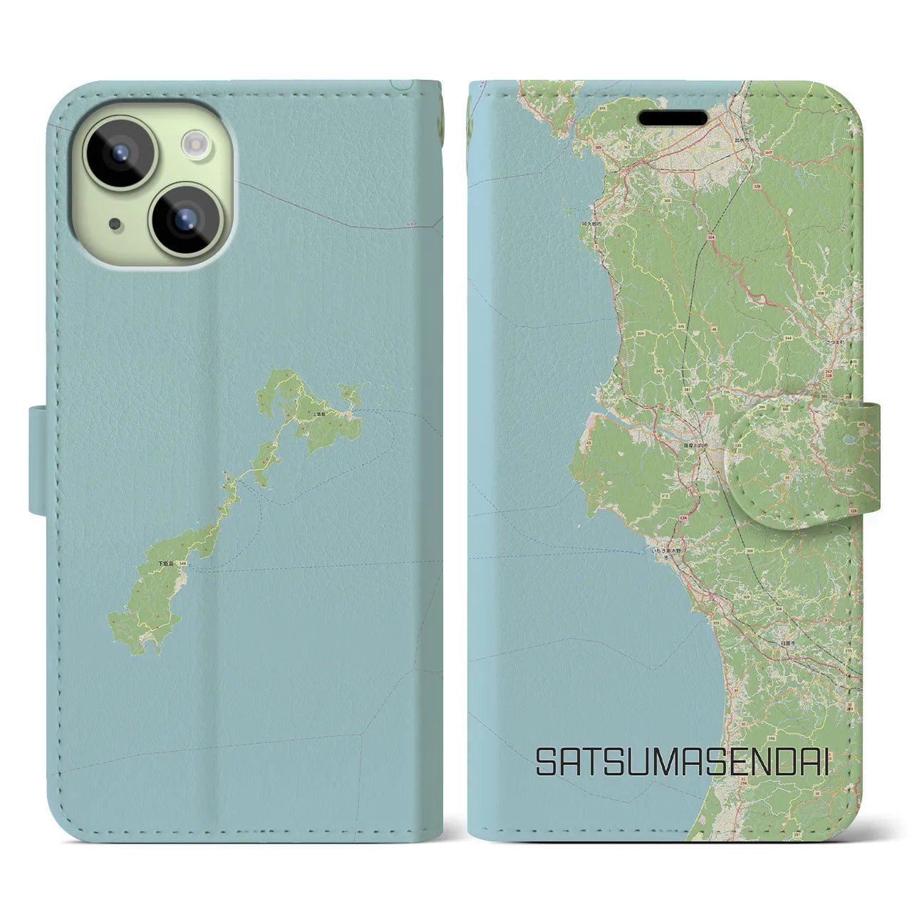 【薩摩川内(鹿児島県)】地図柄iPhoneケース(手帳タイプ)ナチュラル・iPhone 15 用