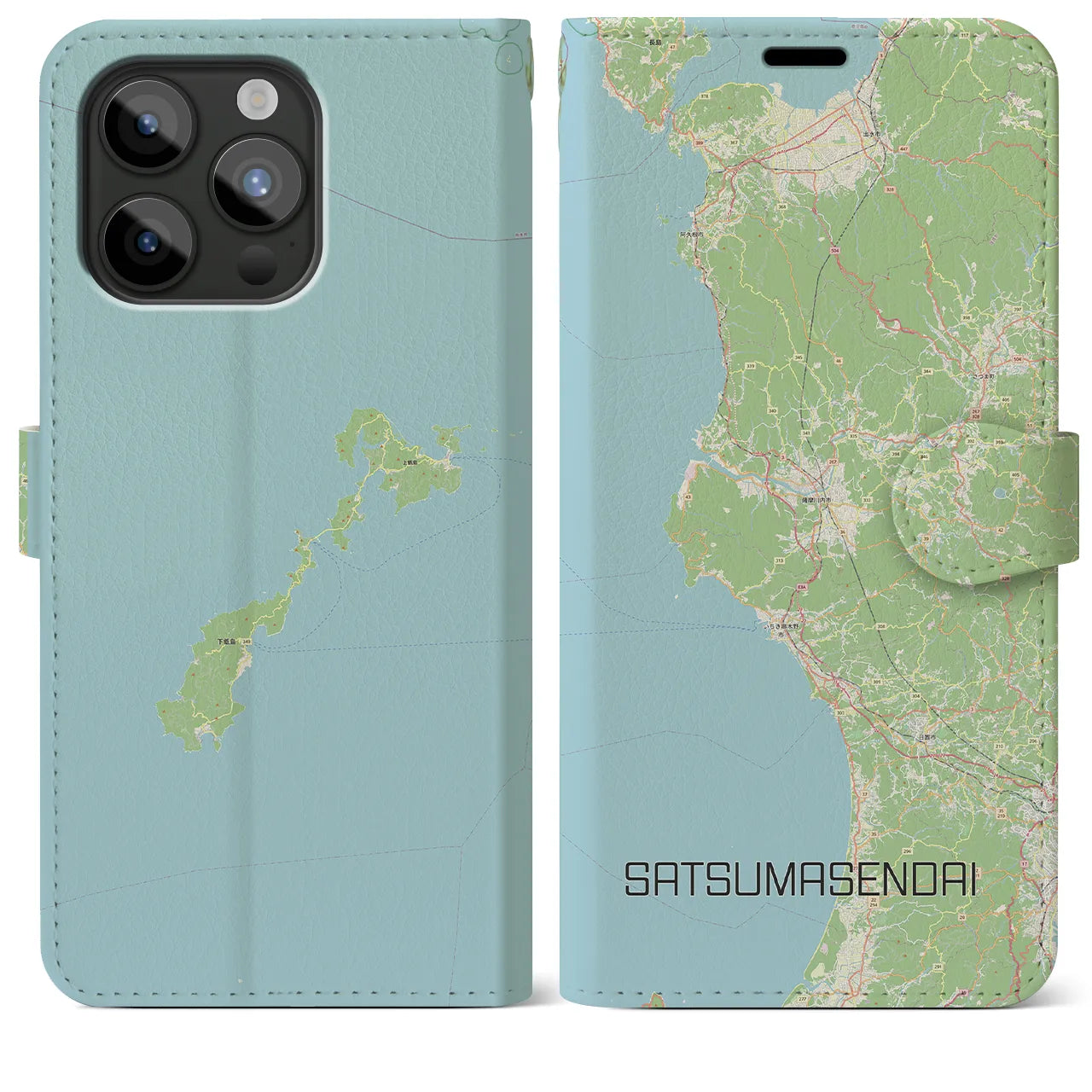 【薩摩川内(鹿児島県)】地図柄iPhoneケース(手帳タイプ)ナチュラル・iPhone 15 Pro Max 用
