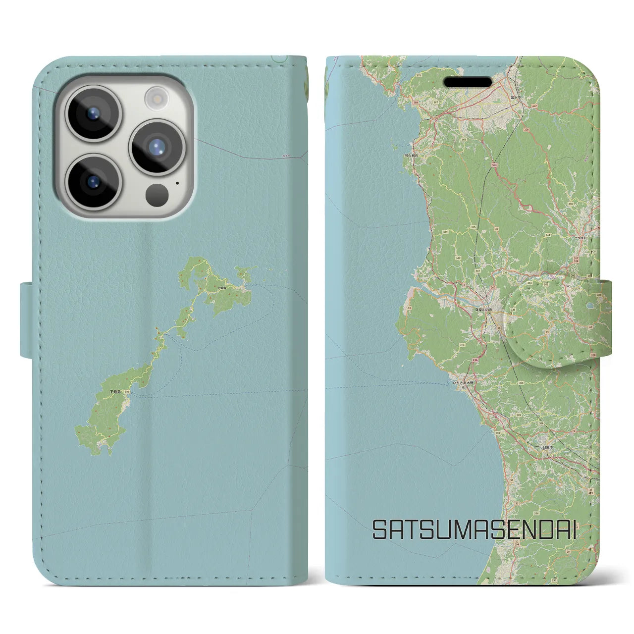 【薩摩川内(鹿児島県)】地図柄iPhoneケース(手帳タイプ)ナチュラル・iPhone 15 Pro 用