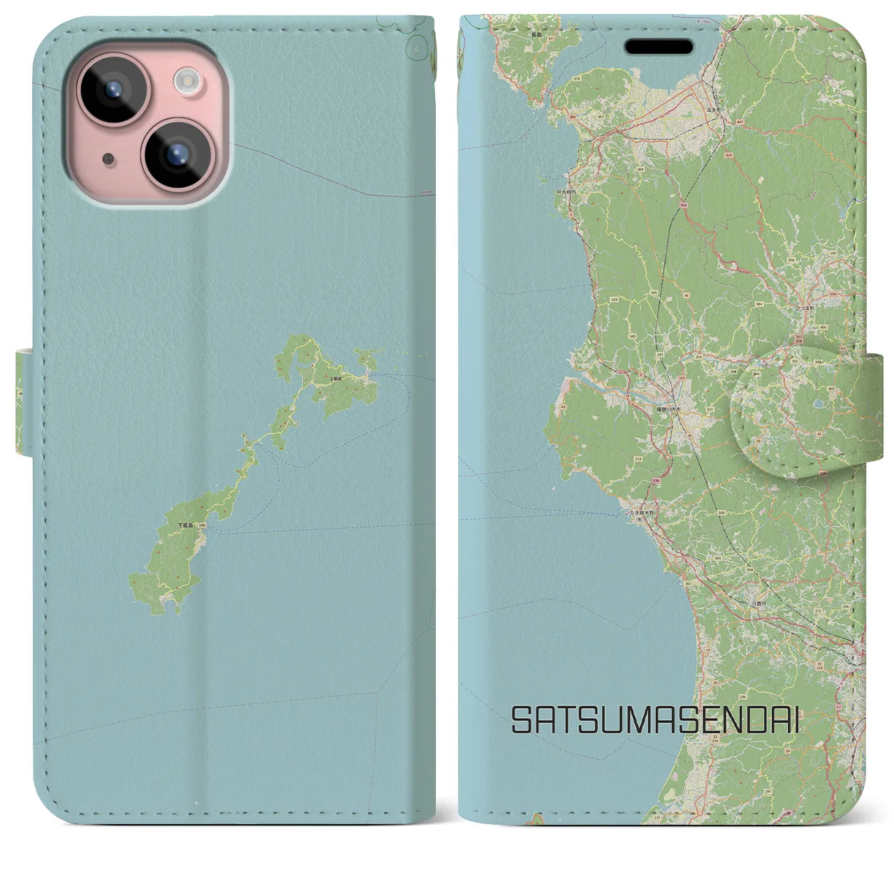 【薩摩川内(鹿児島県)】地図柄iPhoneケース(手帳タイプ)ナチュラル・iPhone 15 Plus 用