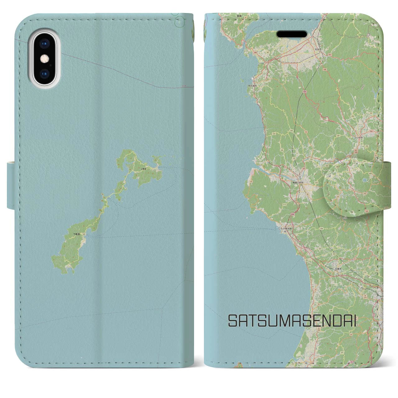 【薩摩川内(鹿児島県)】地図柄iPhoneケース(手帳タイプ)ナチュラル・iPhone XS Max 用