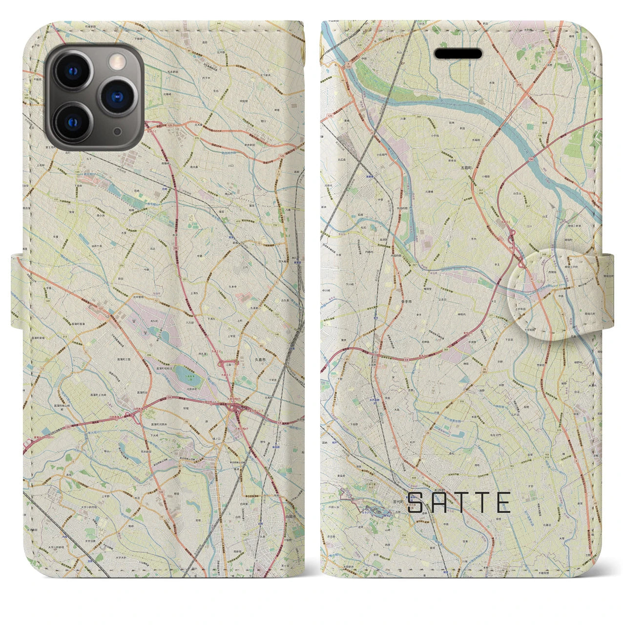 【幸手(埼玉県)】地図柄iPhoneケース(手帳タイプ)ナチュラル・iPhone 11 Pro Max 用