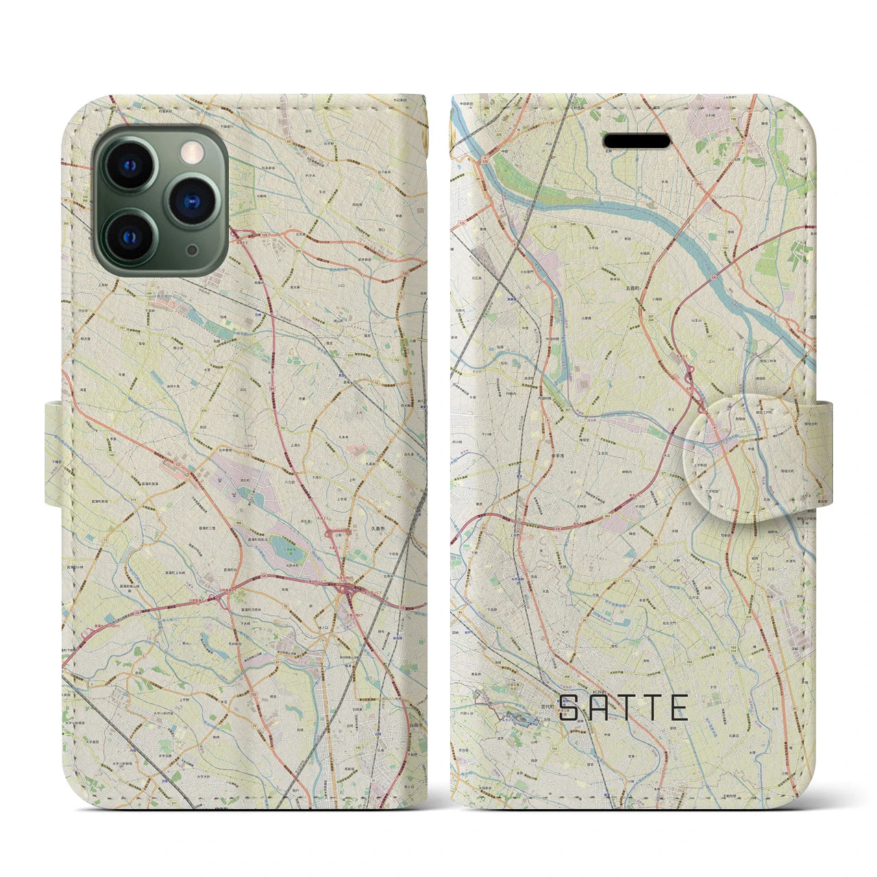 【幸手(埼玉県)】地図柄iPhoneケース(手帳タイプ)ナチュラル・iPhone 11 Pro 用