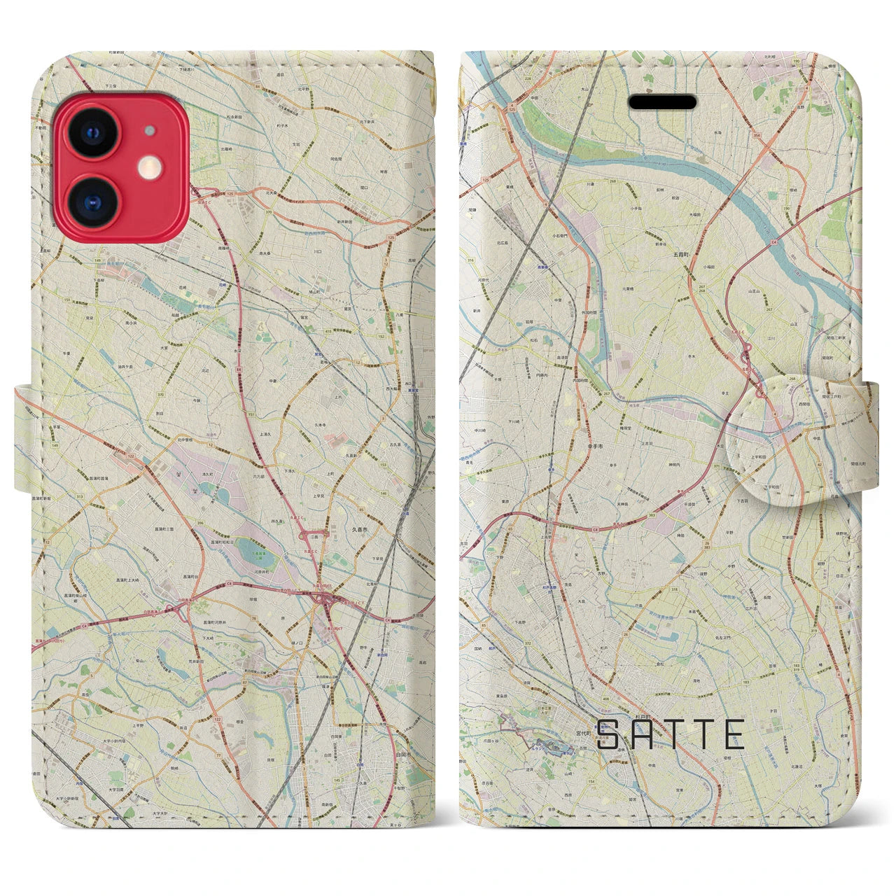 【幸手(埼玉県)】地図柄iPhoneケース(手帳タイプ)ナチュラル・iPhone 11 用