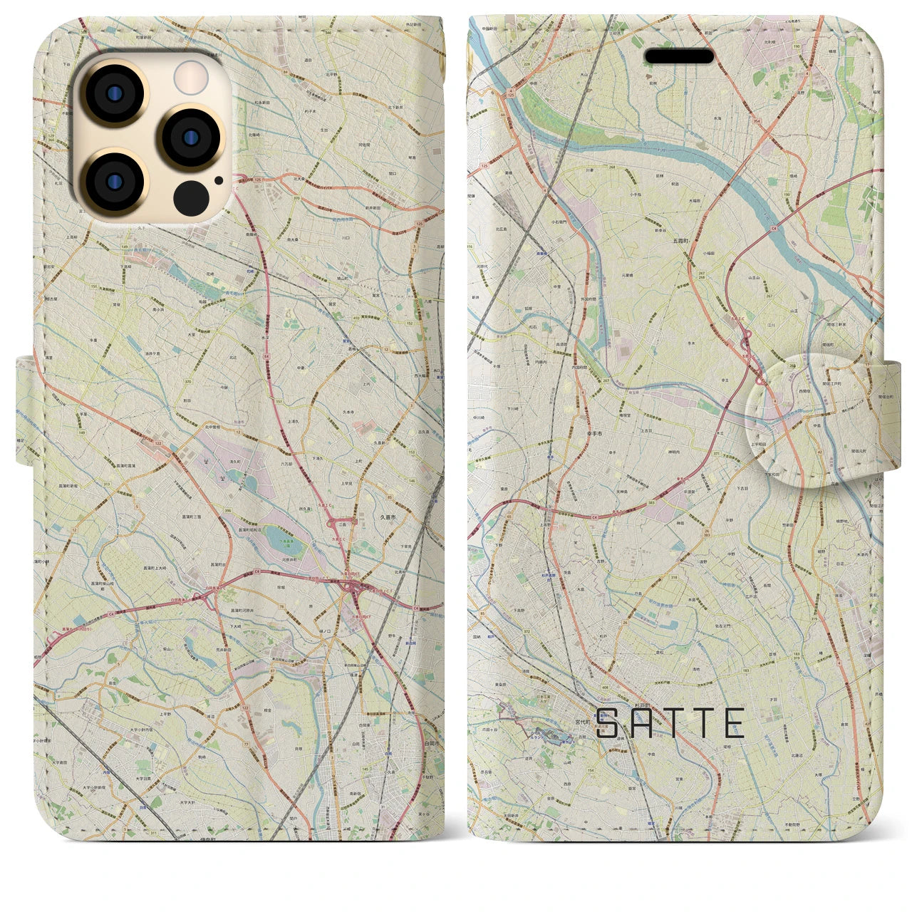 【幸手(埼玉県)】地図柄iPhoneケース(手帳タイプ)ナチュラル・iPhone 12 Pro Max 用