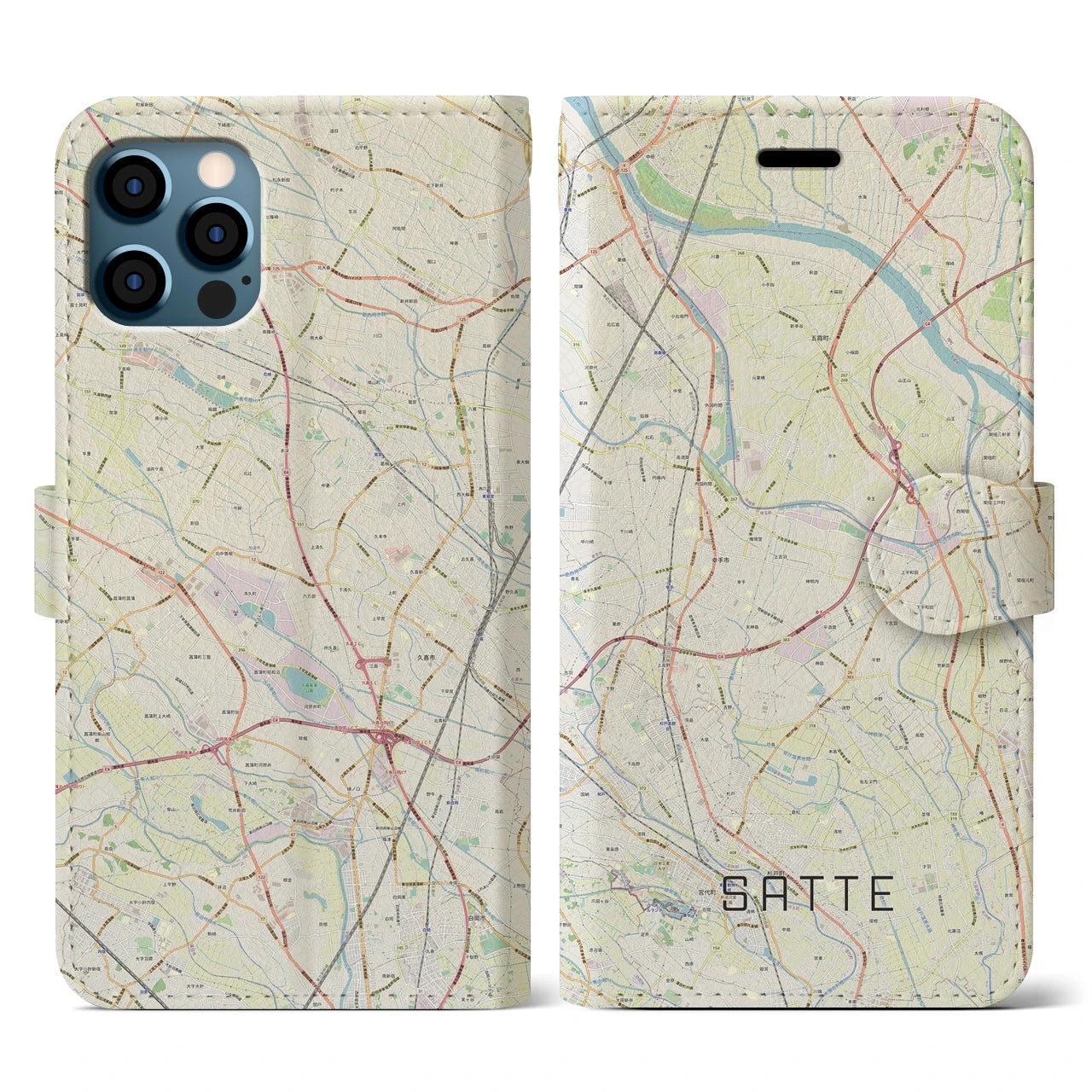 【幸手(埼玉県)】地図柄iPhoneケース(手帳タイプ)ナチュラル・iPhone 12 / 12 Pro 用