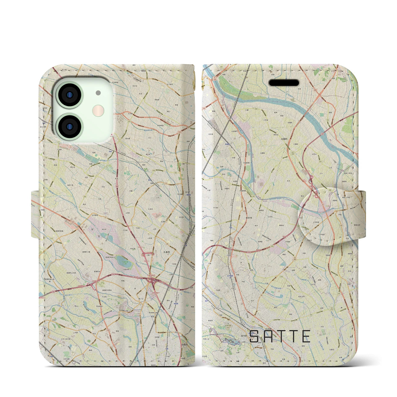【幸手(埼玉県)】地図柄iPhoneケース(手帳タイプ)ナチュラル・iPhone 12 mini 用