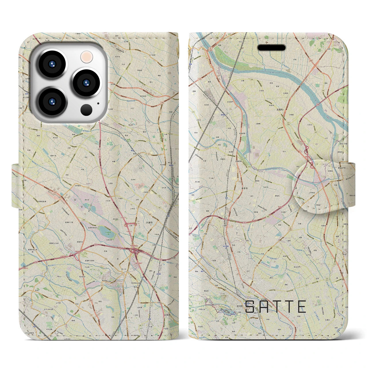 【幸手(埼玉県)】地図柄iPhoneケース(手帳タイプ)ナチュラル・iPhone 13 Pro 用